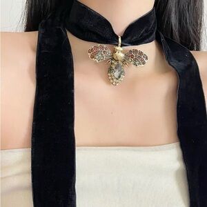 Queen Bee Velvet Choker Necklace Gold and Black with Rhinestones